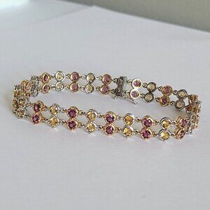 Vintage 14K White Yellow Gold Two Tone Citrine Pink Topaz Luxury Tennis Bracelet